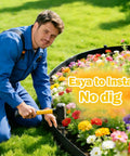 Person installing 40 Ft Landscape Edging Kit With 36 Spikes 3 Inch High Flexible Plastic Garden Border No Dig around flowers.