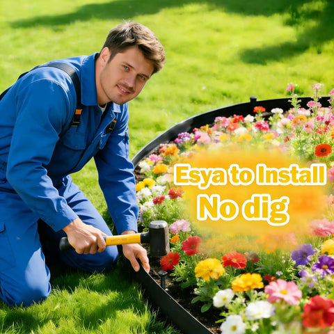 Person installing 40 Ft Landscape Edging Kit With 36 Spikes 3 Inch High Flexible Plastic Garden Border No Dig around flowers.