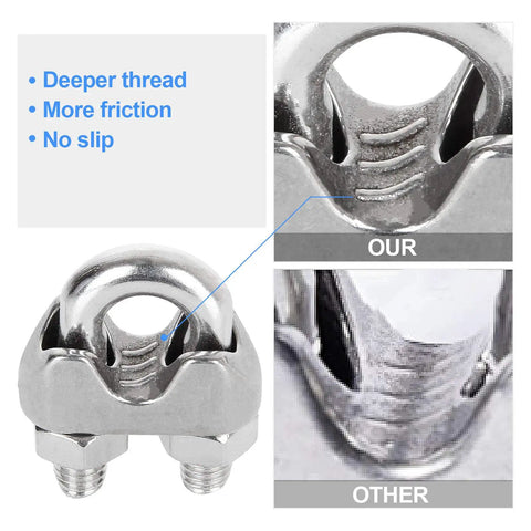 Comparison of 40 Pcs M6 Stainless Steel Wire Rope Cable Clip Clamps with deep threads and friction features