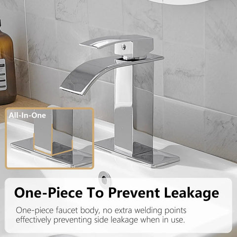 Oil Rubbed Bronze Bathroom Faucet With Waterfall Flow, One Hole, One Handle, deck mount design on a white sink.