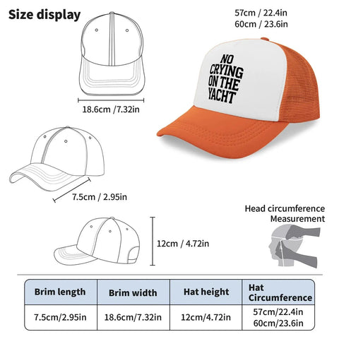 Size chart for 'Stay Dry And Look Sharp In A Washed Distressed Womens Trucker Cap With Anti Sweat Band Low Profile Baseball Hat For Dressy Or Casual Wear Perfect For Sports Outdoor Fun And Everyday Style' featuring measurements and illustrations.