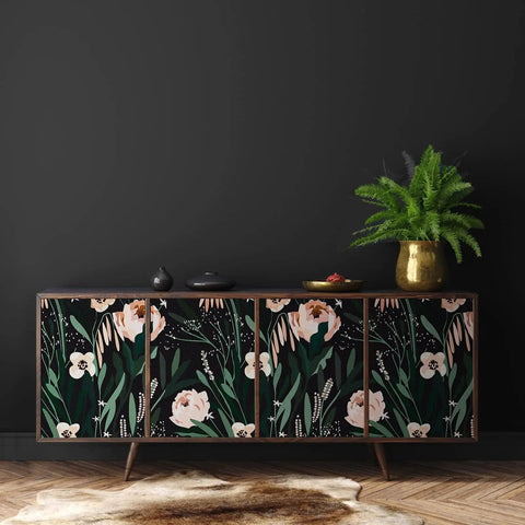 Dope Boho Floral Peel And Stick Wallpaper Black Background With Green Leaves And Pink Flowers 17.7 Inches Wide By 315 Inches Long