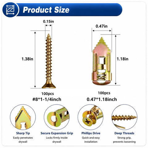 Heavy Duty Self Drilling Drywall Anchors And Screws Kit 200 Pieces No Drill Needed With 66 Lbs Max Support For Quick Rock Solid Wall Mounts In Home Or Office. 100pcs #8x1-1/4in anchors and screws, 0.47x1.18in