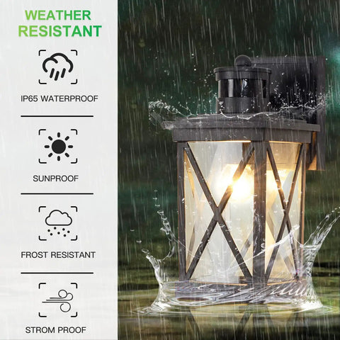 2 Pack Outdoor Wall Lanterns With Motion Sensor And Dusk To Dawn, Matte Black Sconces With Clear Glass, weather resistant