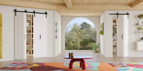Four Panel Bi Fold Barn Door 60 Inch Wide By 84 Inch Tall With Sliding Hardware Kit Solid Wood And MDF Construction Waterproof PVC