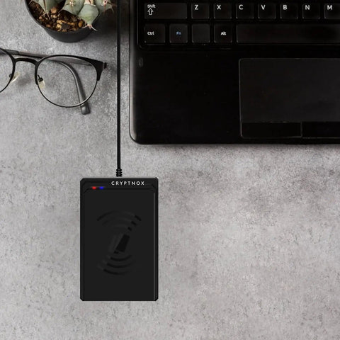 Plug And Play Fast NFC Card Reader Writer With USB Type C And USB Type A Connectivity For Easy Secure E Payments E Commerce And Access Control Mifare Compliant ISO 14443 Works With Windows Mac And Linux next to laptop