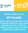 Announcement image with Klaire Labs logo transitioning to SFI Health label, text detailing company integration and values.