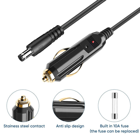 Kickstart Your Road Trips With This 6.5Ft DC Power Cord Featuring A Snug 5.5X2.1Mm Cigarette Lighter Plug For 12V To 24V Vehicles showing anti-slip design and stainless steel contact.