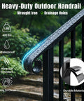 Tough As Nails 2 Step Handrails For Outdoor Porches Heavy Duty Wrought Iron Safety Railing shows waterproof design with drainage holes.