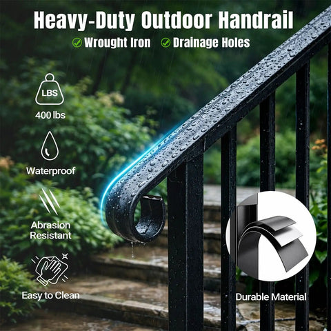 Tough As Nails 2 Step Handrails For Outdoor Porches Heavy Duty Wrought Iron Safety Railing shows waterproof design with drainage holes.