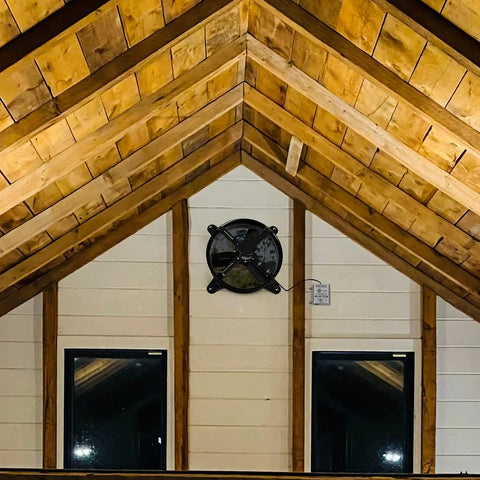 14 Inch Attic Gable Mount Fan With Adjustable Thermostat, Beefy 1239 CFM Airflow, installed in wooden attic, black finish