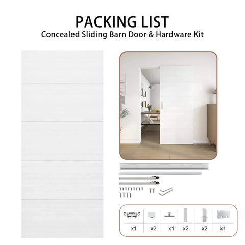 36X84 White Concealed Sliding Barn Door With Hidden Rail And Soft Close Hardware Kit, Flush Floating Look For Interior Openings