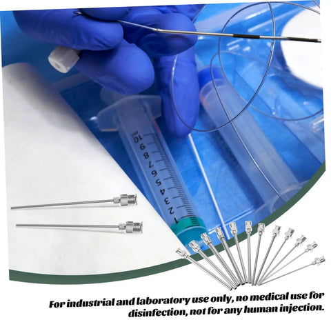 Top Tier Stainless Steel Luer Lock Dispensing Needles 12 Pack Blunt Tip Syringe Tips For Glue Ink And Adhesive 2.40 Inch Slick Flow Kit For Garage And Lab Runs with syringes and blunt tips.