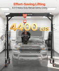 Workhorse Grade Adjustable Gantry Crane 4400 Lbs Capacity with manual trolley lifting engine in garage