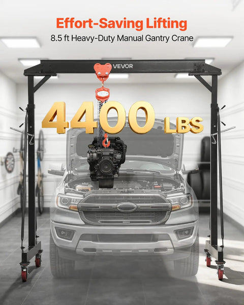 Workhorse Grade Adjustable Gantry Crane 4400 Lbs Capacity with manual trolley lifting engine in garage