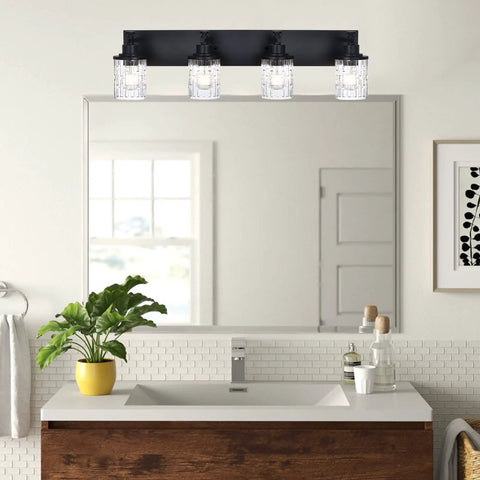 4 Light Matte Black Bathroom Vanity Lights Over Mirror With Clear Glass Grid Shades, modern farmhouse wall sconce above sink.