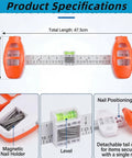 All In One Picture Hanging Tool With Level And Ruler For Effortless Wall Decor Alignment, orange design, includes level and nail holder