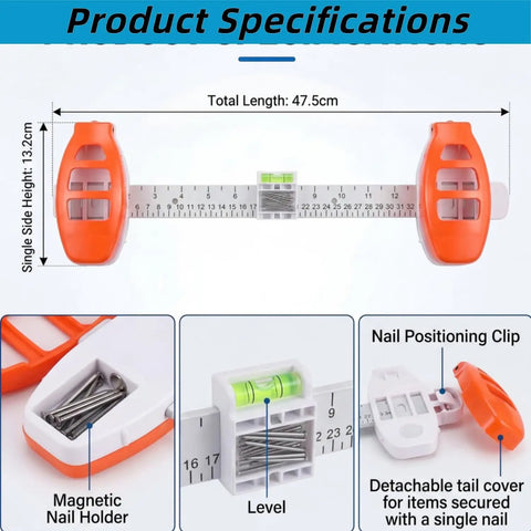 All In One Picture Hanging Tool With Level And Ruler For Effortless Wall Decor Alignment, orange design, includes level and nail holder