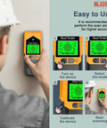 BLIZONTE Stud Finder Wall Scanner in use, showing steps for turning on, selecting mode, calibrating, and scanning, orange design.