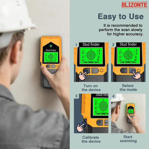 BLIZONTE Stud Finder Wall Scanner in use, showing steps for turning on, selecting mode, calibrating, and scanning, orange design.