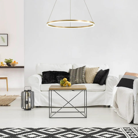 Cool Gold Ring LED Chandelier Pendant Light above white sofa in modern living room with patterned rug