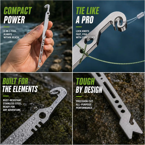 6-In-1 Stainless Steel Fishing Tool Hook Remover With Quick Hook Extraction, Knot Tying, Lead Rolling And Line Handling, Pro-Grade All-In-One Gear For Safe Hands-Free Catch And Release hand-held by water