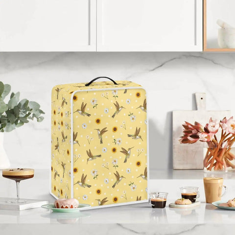 Slick Hummingbird Floral Coffee Maker Cover on kitchen counter, waterproof polyester, fits appliances securely, 11x6.9x15.7in.