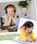 Kids Noise Cancelling Ear Muffs 27NRR Adjustable Ear Protection, children studying with colorful ear muffs, Blue and Pink.