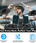 Electric Drum Set For Beginners With Kick Hammer Pedal, 4 Mesh Pads, 10 Inch Cymbals, musician playing with intensity