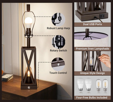 Set Of 2 Modern Bedside Lamps With Rustic Touch Control 3 Way Dimmable Lower Light And Dual USB Ports shown with features.