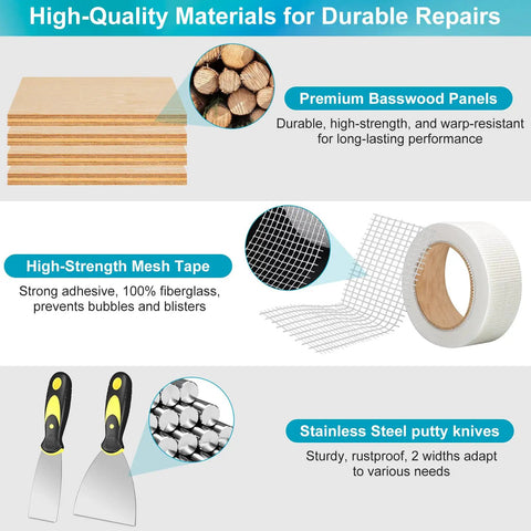 All In One Drywall Patch Kit For Large Holes With 12 By 12 Inch Repair Panel Spackle Mesh Tape Putty Knives And Sanding Block For Quick Wall And Ceiling Fix