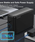 Drop Your Spare Ssd Or Hdd Into This Beefy Aluminum Dual Bay External Drive Enclosure Featuring Plug And Play Usb 3.0 Hookup With Rock Solid Raid 0 1 JBod And Power Saving Modes Up To Forty Tb, showing a power adapter connected.