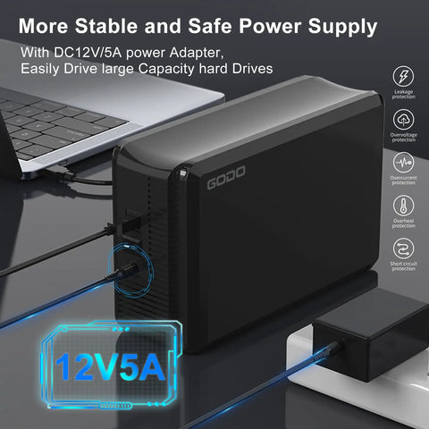 Drop Your Spare Ssd Or Hdd Into This Beefy Aluminum Dual Bay External Drive Enclosure Featuring Plug And Play Usb 3.0 Hookup With Rock Solid Raid 0 1 JBod And Power Saving Modes Up To Forty Tb, showing a power adapter connected.