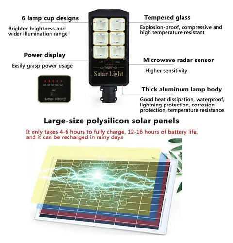 Heavy Duty Solar Flood Light With Smart Motion Sensor And Remote Delivers Real Deal Yard Glow Up Badass Led Outdoor Security Lamp IP66 Waterproof Runs All Night For Patio And Driveway features a six-lamp design, tempered glass, and solar panel.