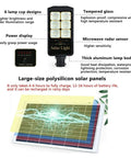 JUDYSSY Courtyard Light Solar Lights Outdoor Garden Led Solar Street Flood Lights 50W - 300W Outdoor Lamp with Remote and Motion Sensor - Ip66 Waterproof Solar Power Li, detailed features diagram including solar panel and lamp body.