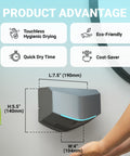 Lightning Fast Hand Dryer For Home And Commercial Bathrooms, Touchless Operation, with dimensions and product advantages shown