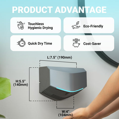 Lightning Fast Hand Dryer For Home And Commercial Bathrooms, Touchless Operation, with dimensions and product advantages shown