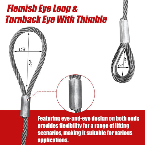 Single Leg Wire Rope Sling 2.5 Ton Vertical Rating, Flemish Eye Loop and Turnback Eye With Thimble shown in close-up view