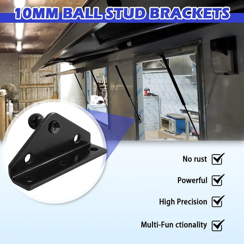 Black metal 10mm ball-stud gas strut mounting bracket; 4-pack with screws