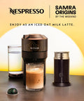 Vertuo Pop Plus Coffee And Espresso Maker With Aeroccino3 Milk Frother, One Touch Brew For Espresso And Lattes At Home, Yellow Accent, shown with coffee and frother.
