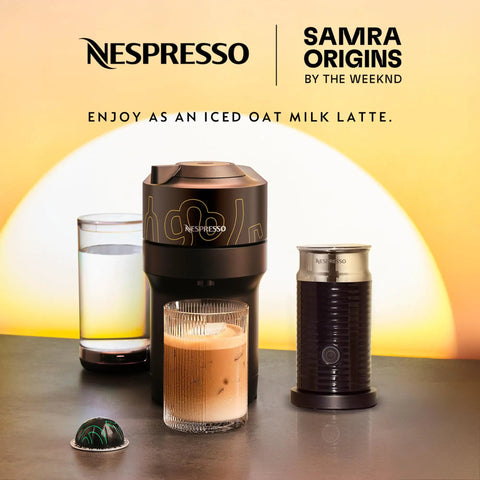 Vertuo Pop Plus Coffee And Espresso Maker With Aeroccino3 Milk Frother, One Touch Brew For Espresso And Lattes At Home, Yellow Accent, shown with coffee and frother.