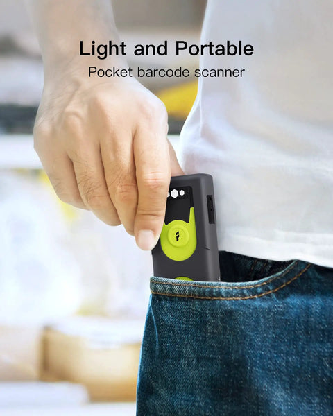 Person placing Bluetooth 5.0 2D Barcode Scanner With 2.4Ghz USB Adapter For Paper And Screen Barcodes in pocket
