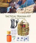 Tactical trauma kit with camo pouch, scissors, bandages, and medical supplies for first aid in outdoor emergencies.