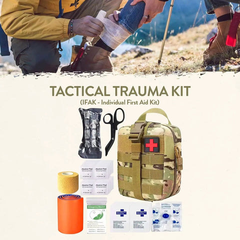 Tactical trauma kit with camo pouch, scissors, bandages, and medical supplies for first aid in outdoor emergencies.