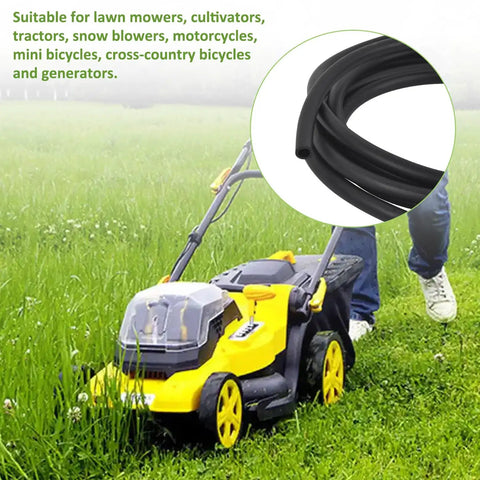 Three Sixteenth Inch ID Fuel Line Hose Ten Feet Long For Small Gas And Diesel Engines And Generators next to yellow lawnmower