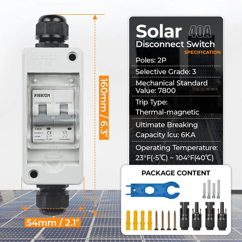Front view of 40Amp 550V DC Solar Panel Disconnect Switch For Solar PV Homes Mini Circuit Breaker Box on solar panel