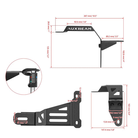 Dual A Pillar LED Pods Off Road Mounting Brackets Set For Wrangler JL And JK, iron material, dimensions marked, black color.