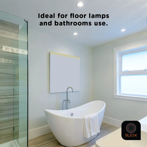 Modern bathroom featuring a freestanding tub under recessed lighting ideal for GU24 Base 23W CFL Bulbs 1600 Lumens Warm White 3500K