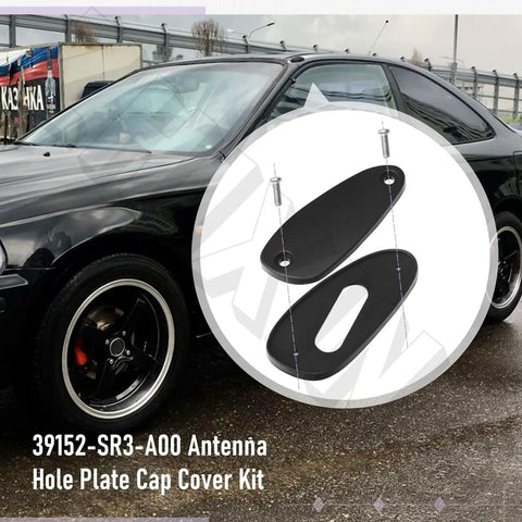 Honda Civic Antenna Hole Plate Cap Cover Kit for 1992-2000, shown with black car, includes screws and cap cover 39152-SR3-A00