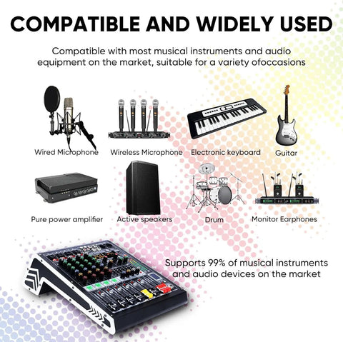 Four Channel Bluetooth Mixer with USB MP3 Player and 48V Phantom Power for Studio Recording shown with compatible instruments